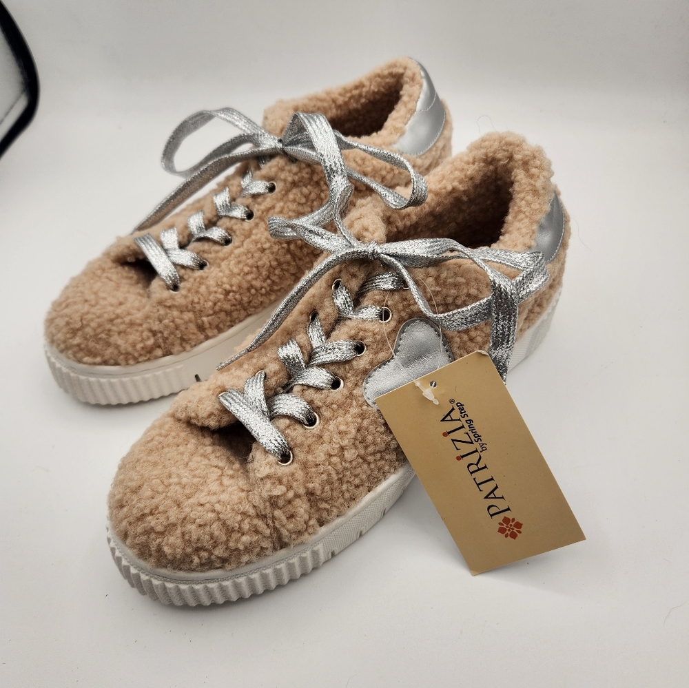Tan and Silver Sneakers with Plush Upper and Textured Sole